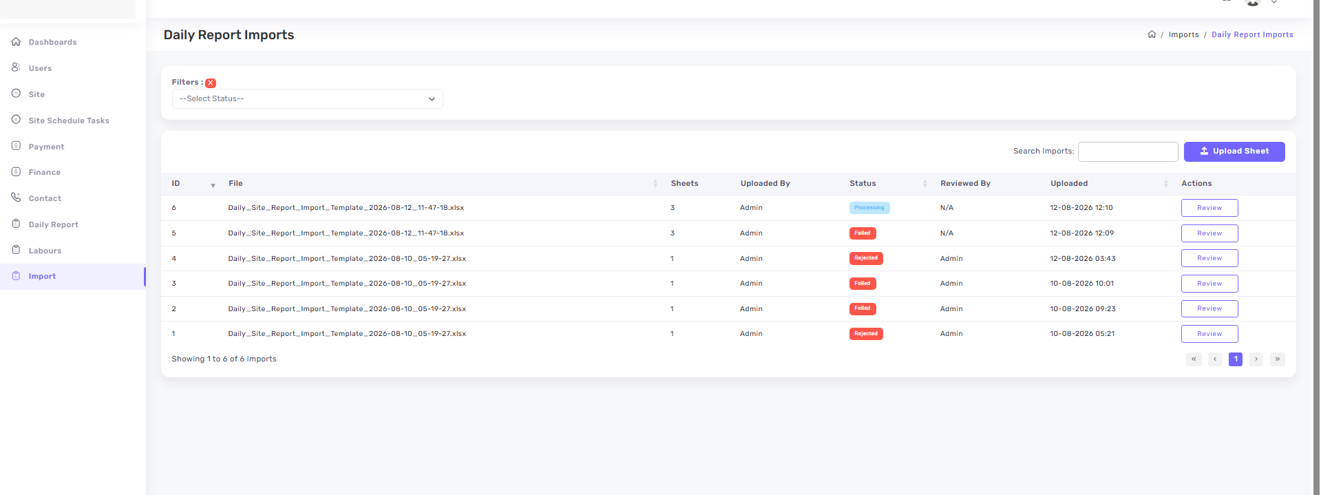 SiteHisaab daily report import history with statuses