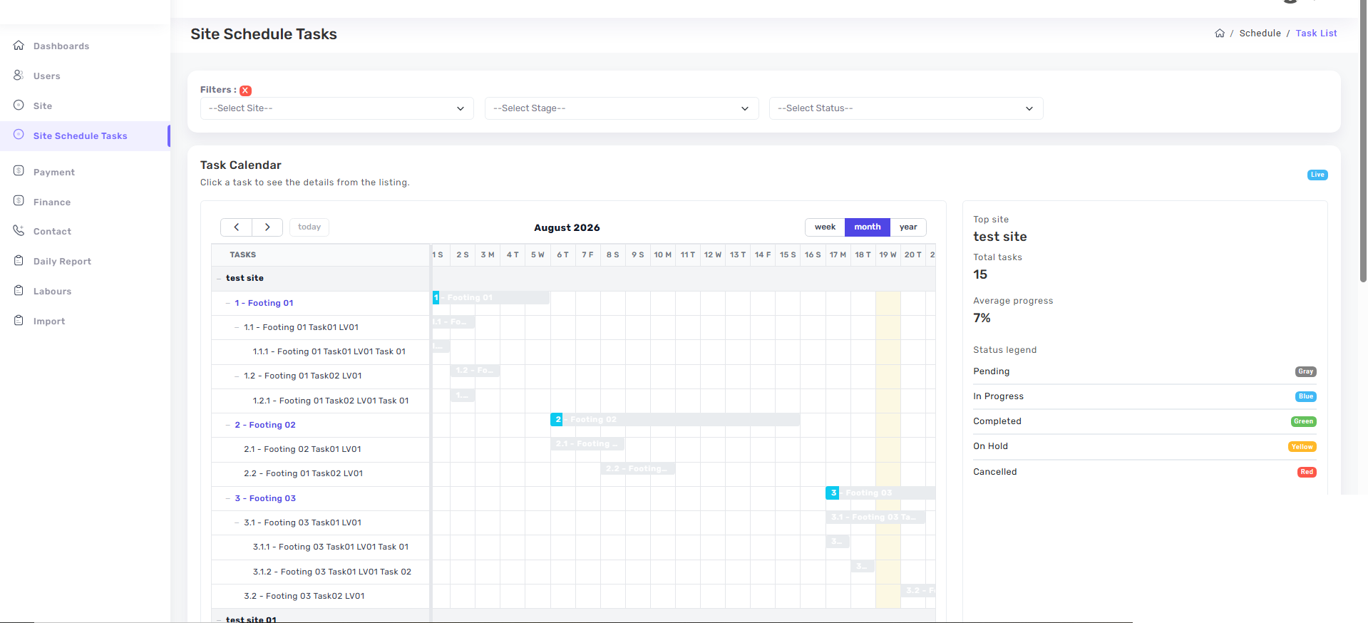SiteHisaab site schedule task calendar view