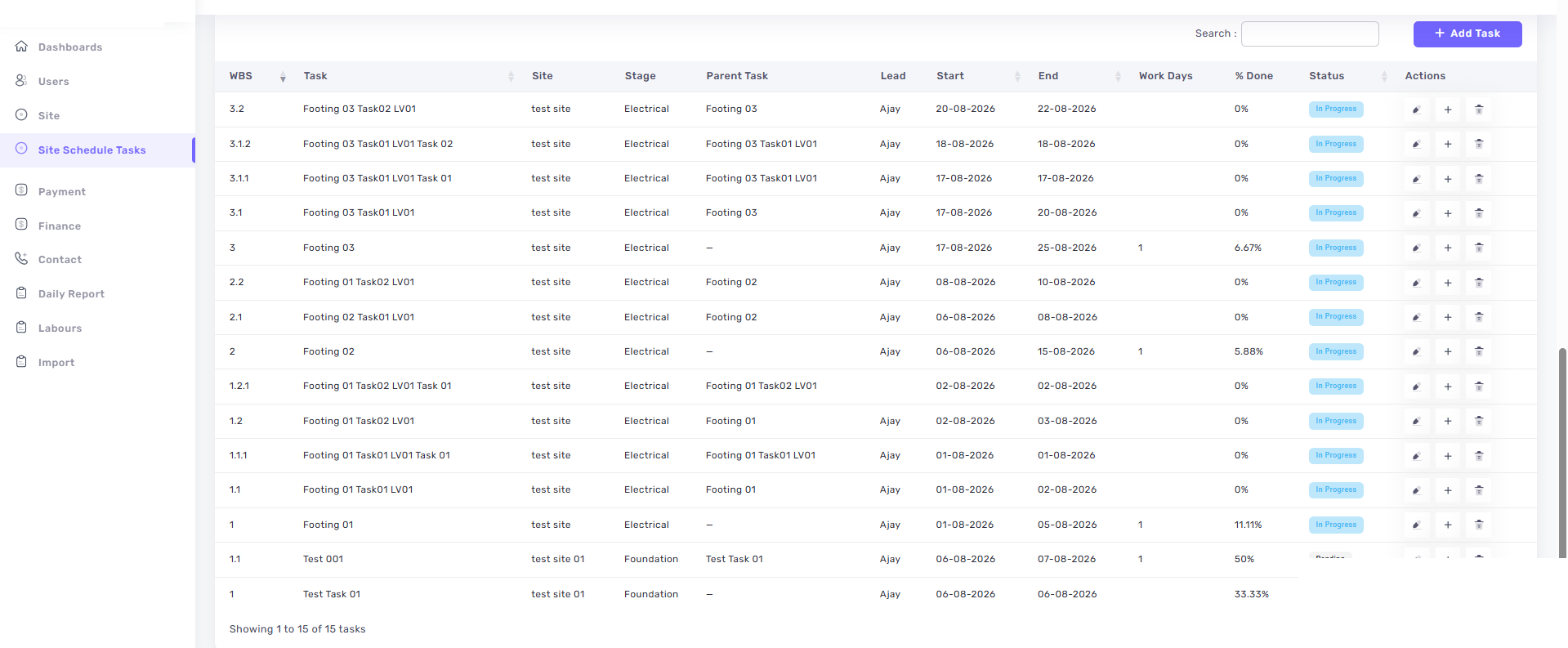 SiteHisaab task list showing schedule, leads and progress